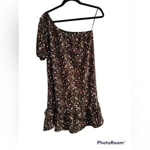 French Grey One-Shoulder Floral Dress in Black with Pink & Purple Accents